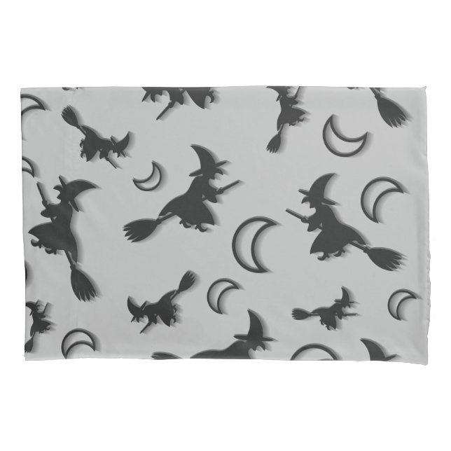 Flying witch among half moon at Halloween night 3D Pillowcase (Front)
