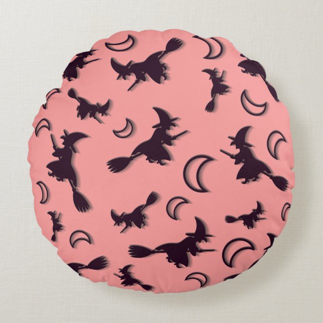 Flying witch among half moon at Halloween night 3D Round Cushion (Front)