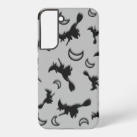 Flying witch among half moon at Halloween night 3D