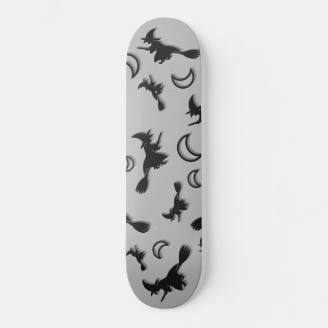 Flying witch among half moon at Halloween night 3D Skateboard (Front)