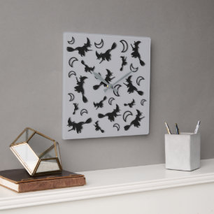 Flying witch among half moon at Halloween night 3D Square Wall Clock