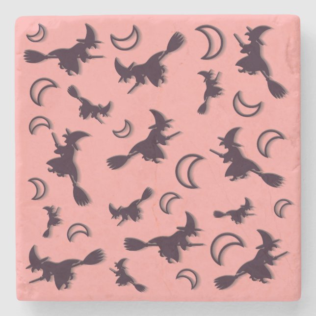 Flying witch among half moon at Halloween night 3D Stone Coaster (Front)