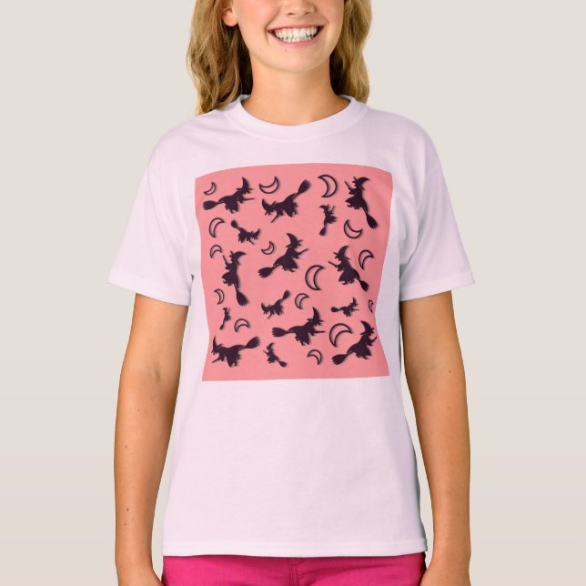 Flying witch among half moon at Halloween night 3D T-Shirt (Front)