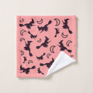 Flying witch among half moon at Halloween night 3D Wash Cloth