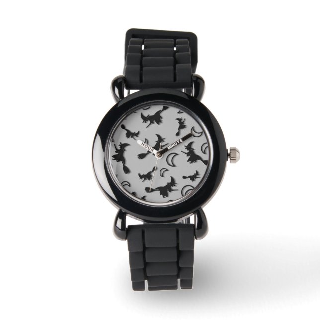 Flying witch among half moon at Halloween night 3D Watch (Front)