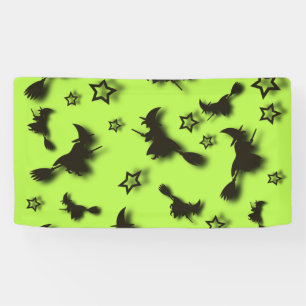Flying witch among stars at Halloween night 3D Banner