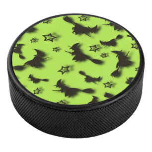 Flying witch among stars at Halloween night 3D  Hockey Puck