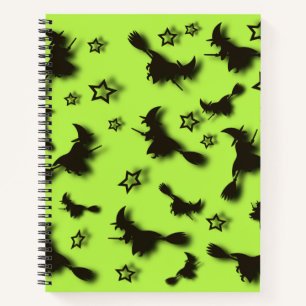 Flying witch among stars at Halloween night 3D Notebook