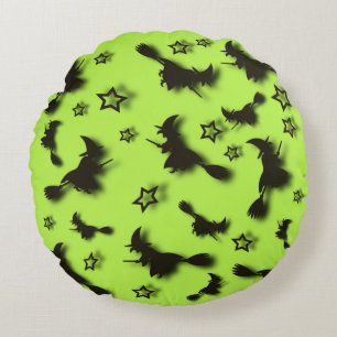 Flying witch among stars at Halloween night 3D Round Cushion