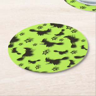Flying witch among stars at Halloween night 3D  Round Paper Coaster