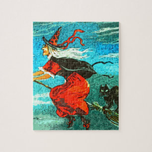 Flying Witch and Black Cat Halloween Jigsaw Puzzle