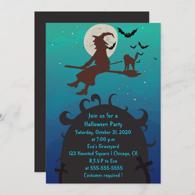 Flying Witch and Cat Halloween Party invitation (Front/Back)