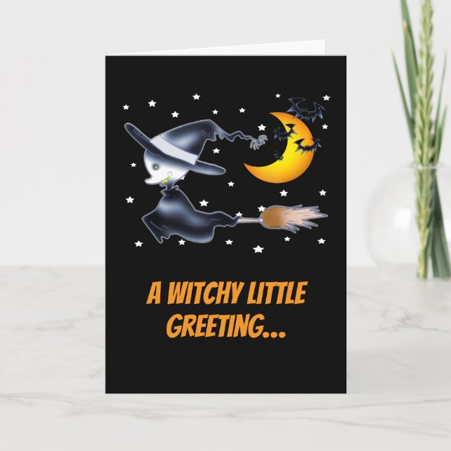 Flying Witch and Crescent Moon Halloween Night Card (Front)