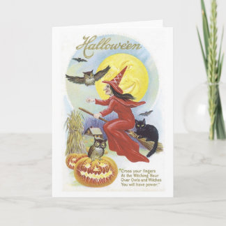 Flying Witch, Bats, Cat, Owl Moon Card