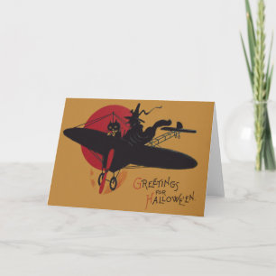 Flying Witch Black Cat Aeroplane Full Moon Card