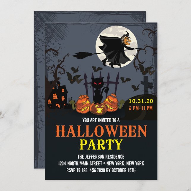 Flying Witch Black Halloween Party Invitation (Front/Back)