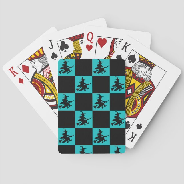 Flying Witch Black & Teal Chequered Playing Cards (Back)