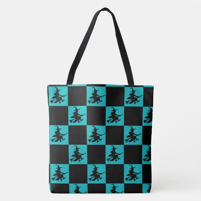 Flying Witch Black & Teal Chequered Tote Bag (Front)