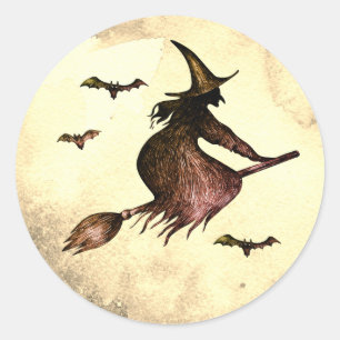 Flying Witch Broom Full Moon Bats Classic Round Sticker