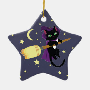 Flying Witch Cat Ceramic Tree Decoration