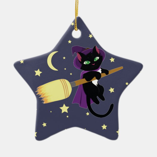 Flying Witch Cat Ceramic Tree Decoration (Front)