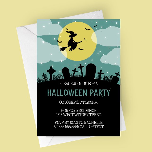 Flying Witch Halloween Party Invitation (Flying Witch Over Cemetery with Blue Sky Halloween Party Invitation)