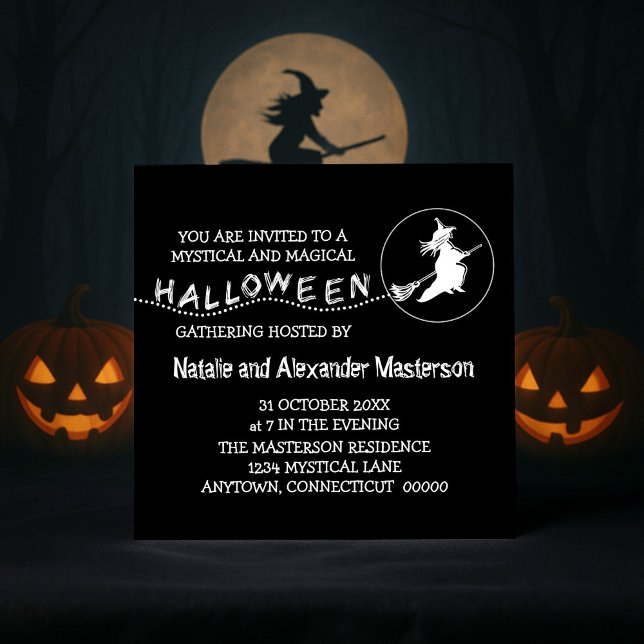 Flying Witch Halloween Party Invite,  Black Invitation (Black Flying Witch Halloween Party Invite)