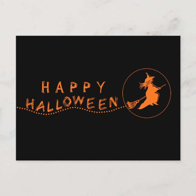 Flying Witch Halloween Postcard, Black/Orange Postcard (Front)