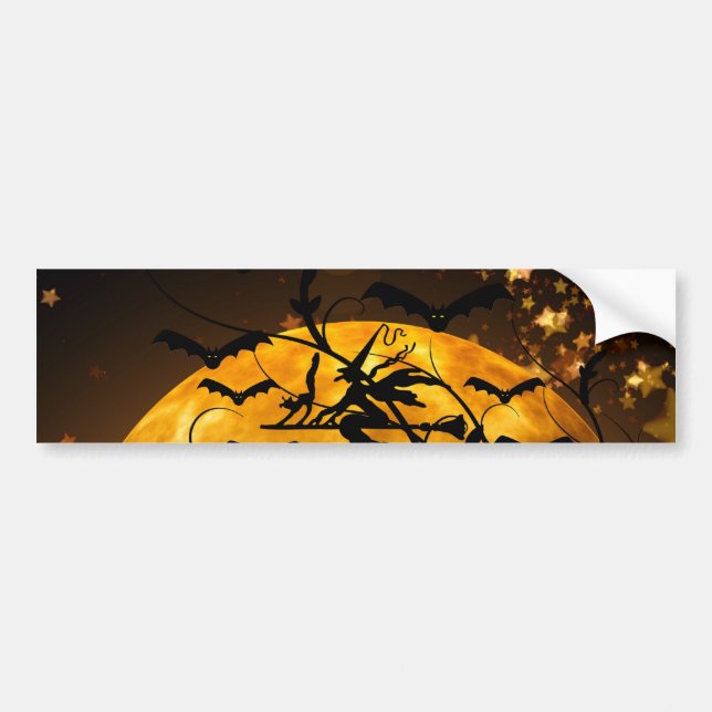 Flying Witch Harvest Moon Bats Halloween Gifts Bumper Sticker (Front)