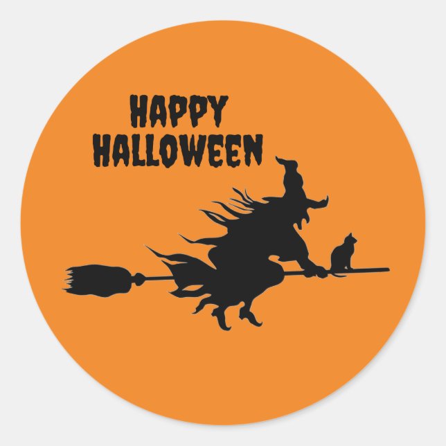 Flying Witch on Broom & Cat Classic Round Stickers (Front)