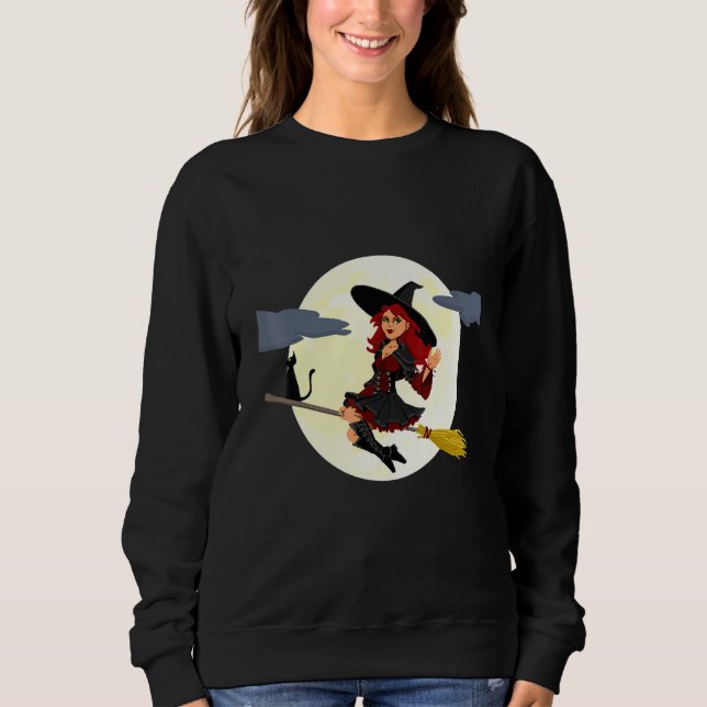Flying Witch On Broom Halloween Sweatshirt (Front)
