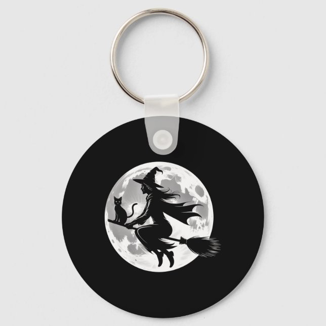 Flying Witch On Broomstick Halloween Full Moon Key Ring (Front)