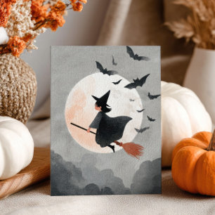 Flying Witch on Her Broom Cute Halloween Postcard