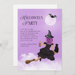  Flying Witch Purple Halloween Party Invitation