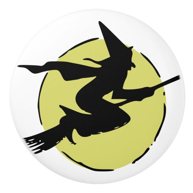 Flying Witch Riding a Broom, Full Moon Halloween Ceramic Knob (Front)