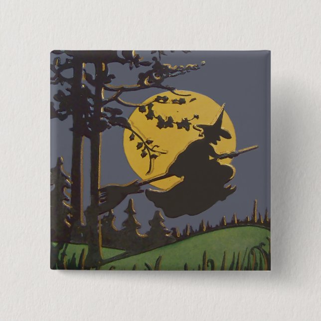 Flying Witch Silhouette Full Moon 15 Cm Square Badge (Front)