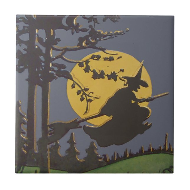Flying Witch Silhouette Full Moon Tile (Front)