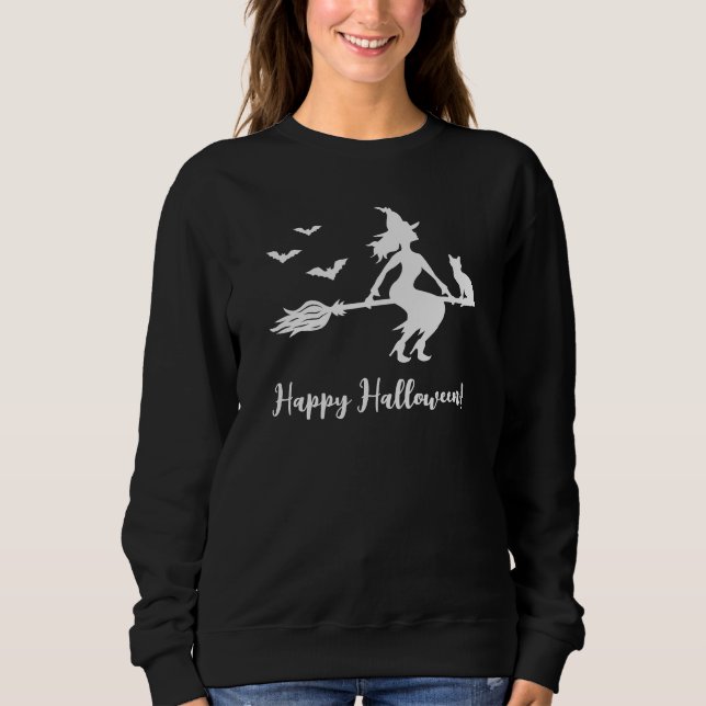 Flying Witch Silhouette With Cat & Bats Halloween Sweatshirt (Front)