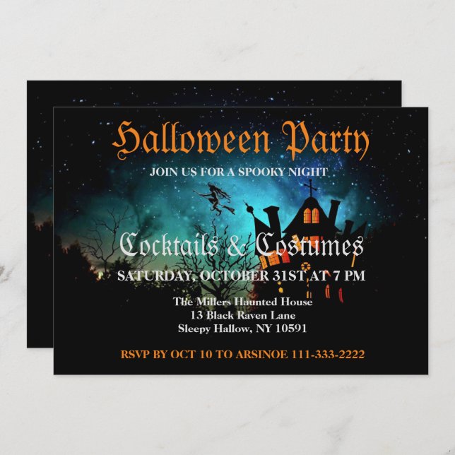 Flying Witch Spooky Halloween Party Invitation (Front/Back)