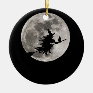 Flying witch with a bright moon behind her ceramic tree decoration