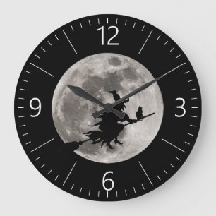Flying witch with a bright moon behind her large clock
