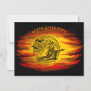 Flying witch with black cat , halloween night