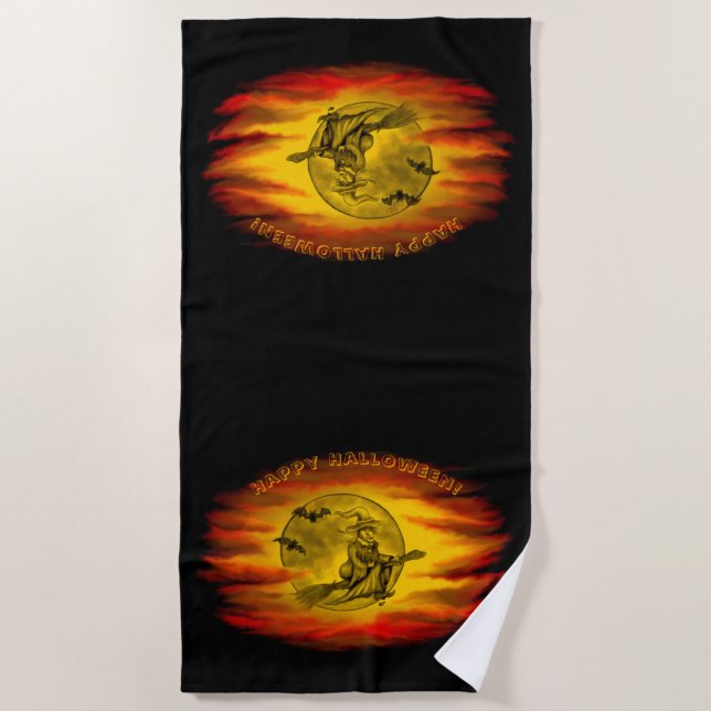 Flying witch with black cat , halloween night beach towel (Front)