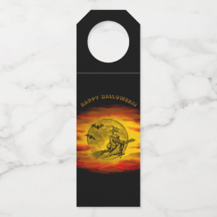 Flying witch with black cat , halloween night bottle tag