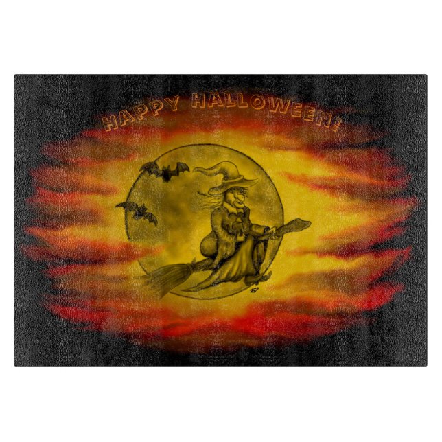 Flying witch with black cat , halloween night cutting board (Front)