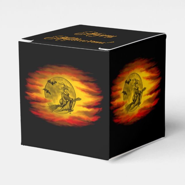 Flying witch with black cat , halloween night favour box (Front Side)