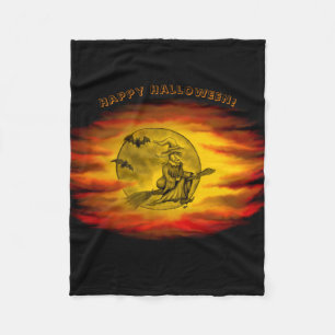 Flying witch with black cat , halloween night fleece blanket