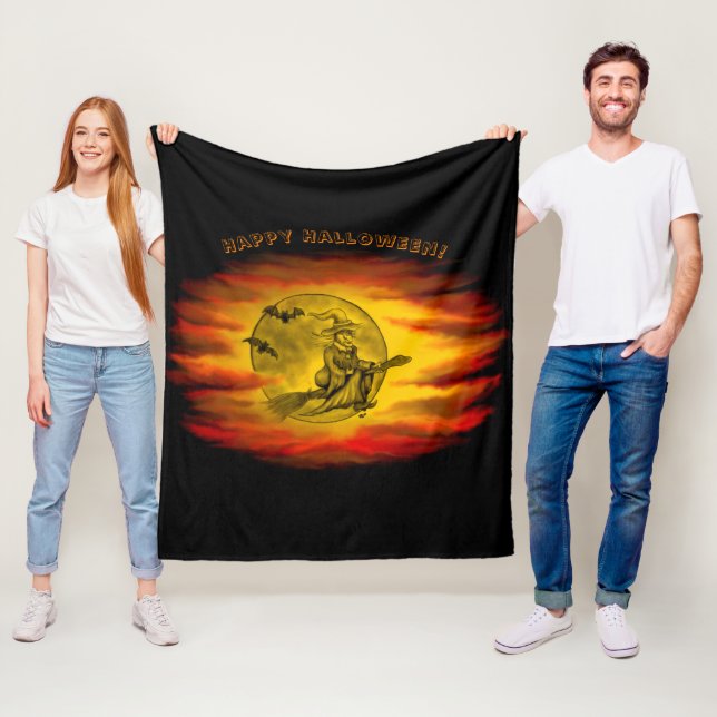 Flying witch with black cat , halloween night fleece blanket (In Situ)