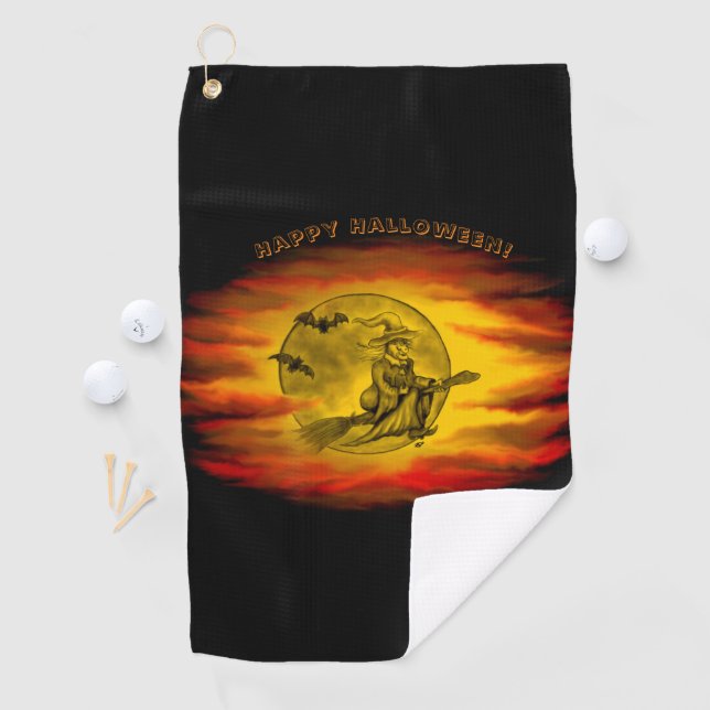 Flying witch with black cat , halloween night golf towel (InSitu)