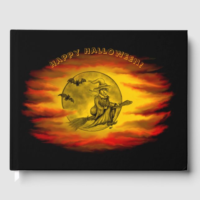 Flying witch with black cat , halloween night guest book (Front)